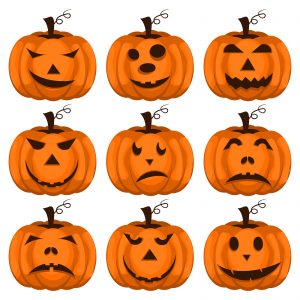 Set pumpkins for Halloween. Set of spooky halloween jack o lanterns. Halloween pumpkin orange scary holiday jack o lanterns symbol. Funny halloween pumpkin jack o lantern face vector set.